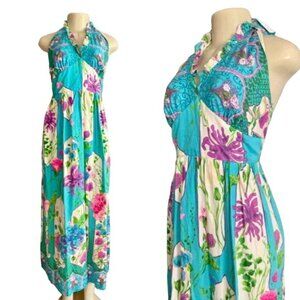Vintage 70s Halter Maxi Dress with Floral decor & ruffles in blue pink size XS.